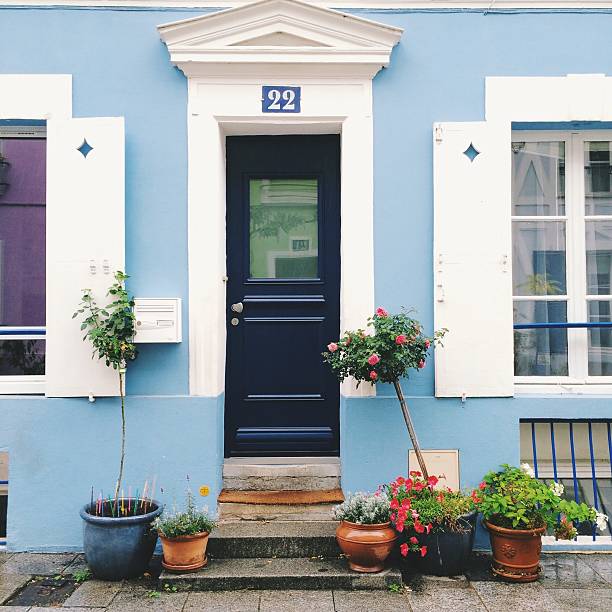 Porte d'entrée bleu maison bleur clair avec plantes sur le perron