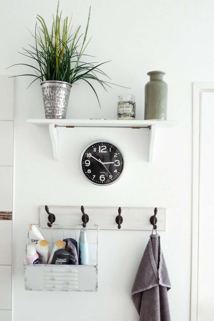 salle de bain déco rétro avec patère horloge pots et plante